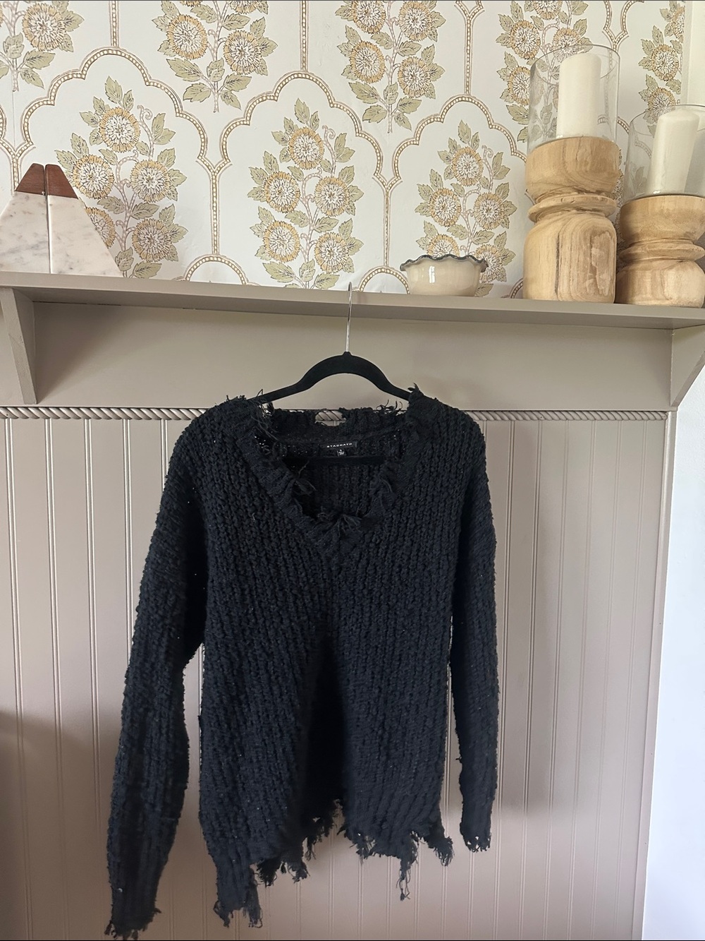 Black Distressed V-Neck Women's Sweater